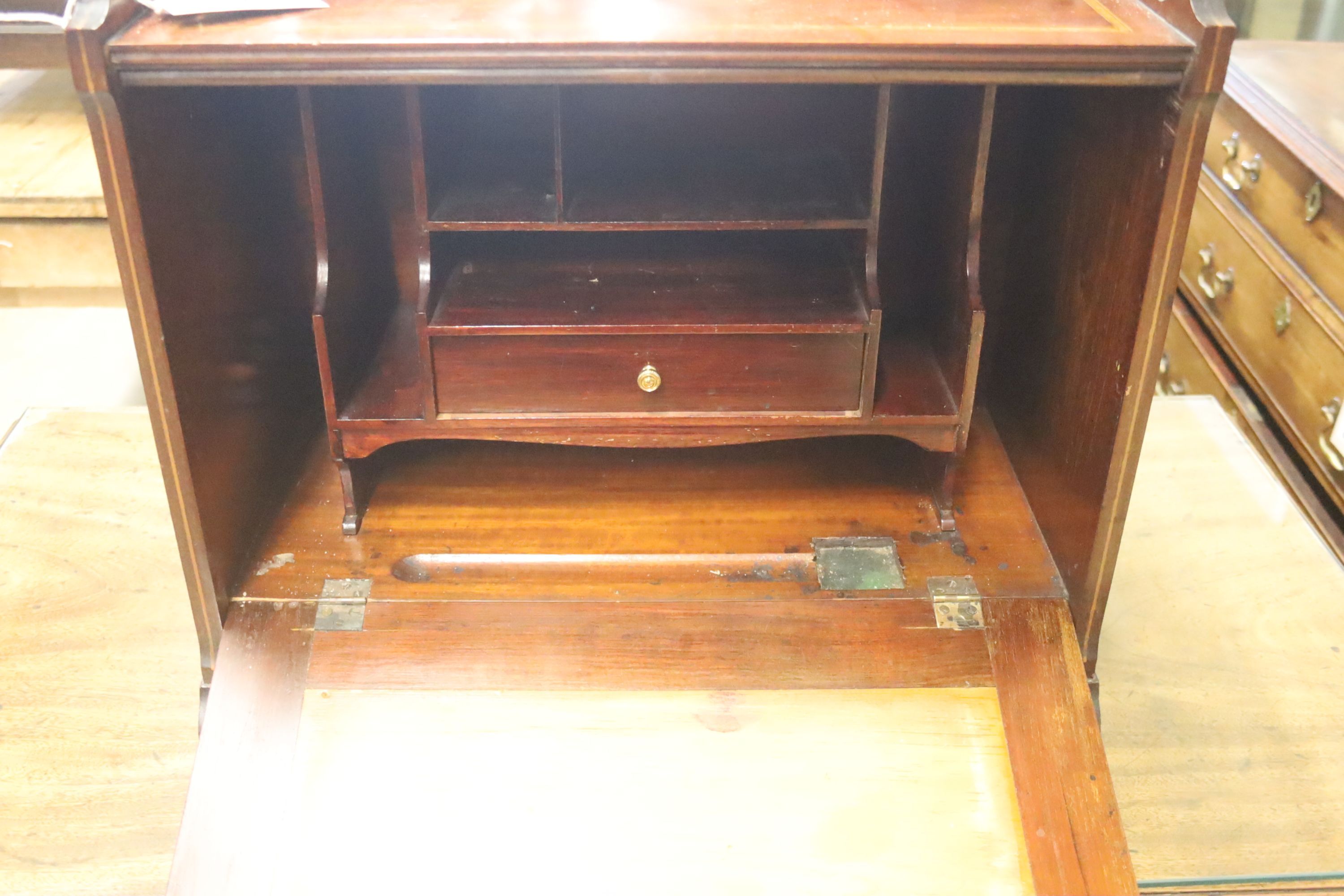 An Edwardian satinwood banded table top writing cabinet, width 49cm, depth 24cm, height 48cm